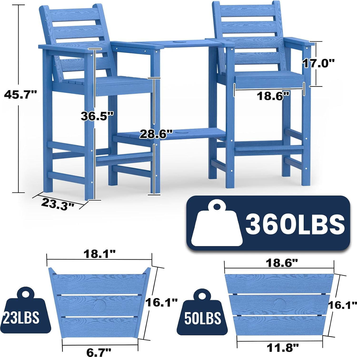 PLUUV Tall Adirondack Chairs Set of 2, All Weather HDPE Poly Bar Height Balcony Adirondack Chair with Removable Double Connecting Trays, Outdoor Adirondack Barstools for Deck, Patio, Yard, Pool, Lawn