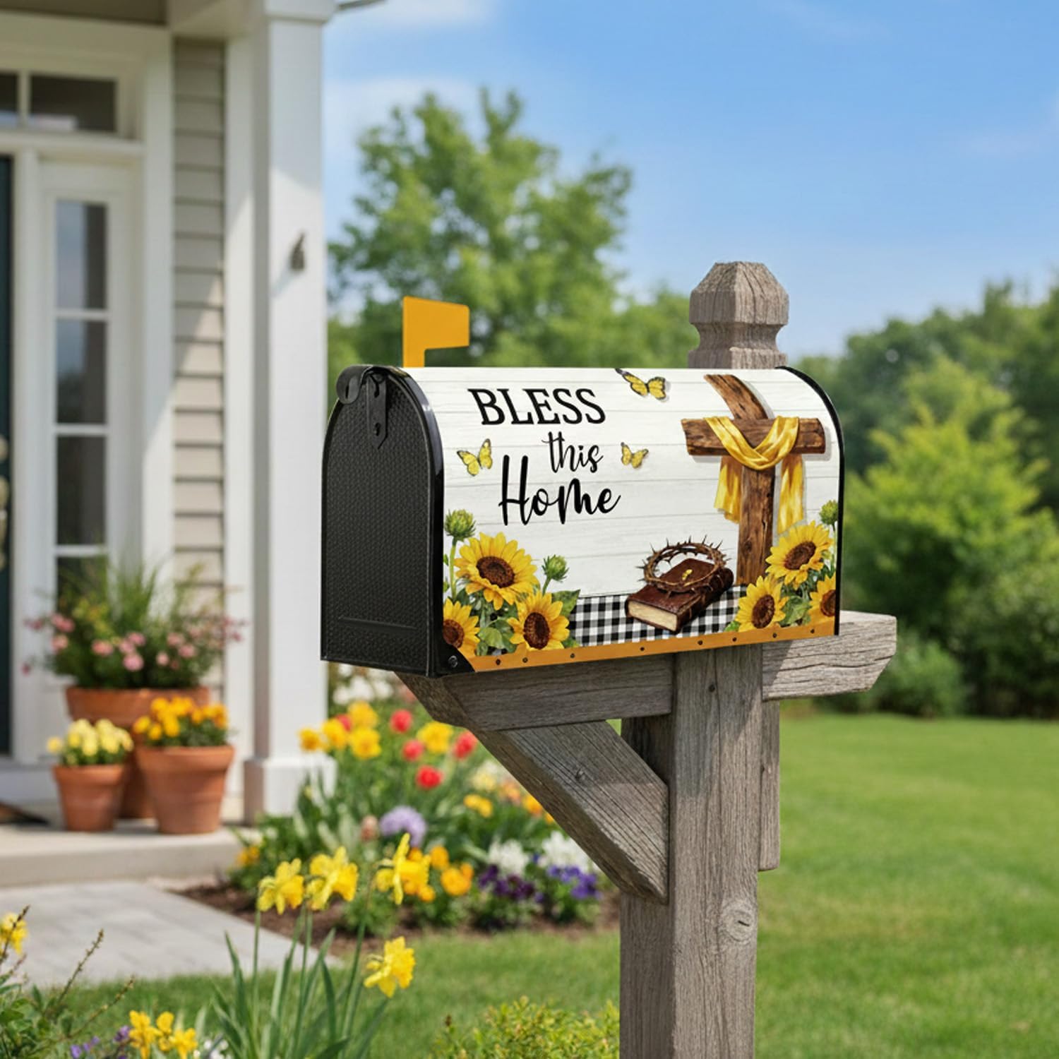Sunflower Magnetic Mailbox Covers - Bless This Home Cross Magnetic Mailbox Cover Standard Size 18x21 Inch, Religious Christian Post Letter Box Wrap Outdoor Garden Yard Home Decorations