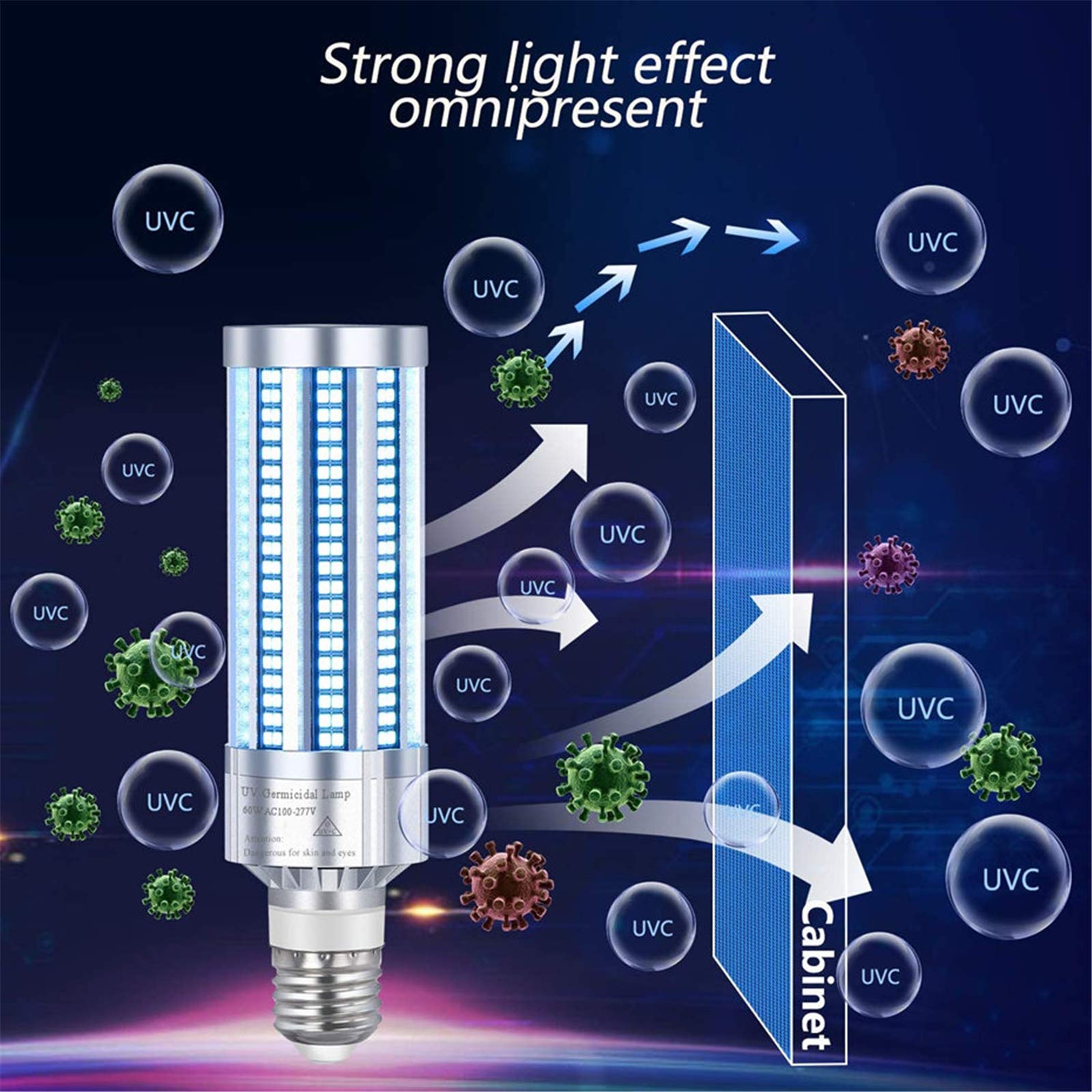 Lámpara germicida UV de 60 W, bombilla LED UVC de base E27, esterilizador de desinfección UVC de ozono bombilla ultravioleta de maíz,Lamp