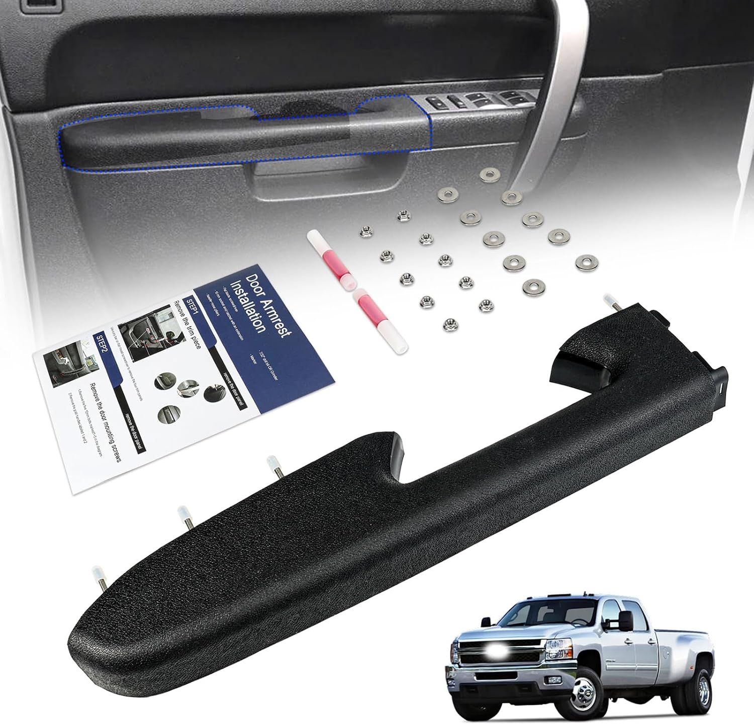 3mirrors 22818465 Front Left Driver Side Armrest Repair Kit for 2010-2014 Chevy Silverado GMC Sierra 1500 2500HD 3500HD, Interior Door Panel Handle Replacement, Only for Handle Below Armrest, Black