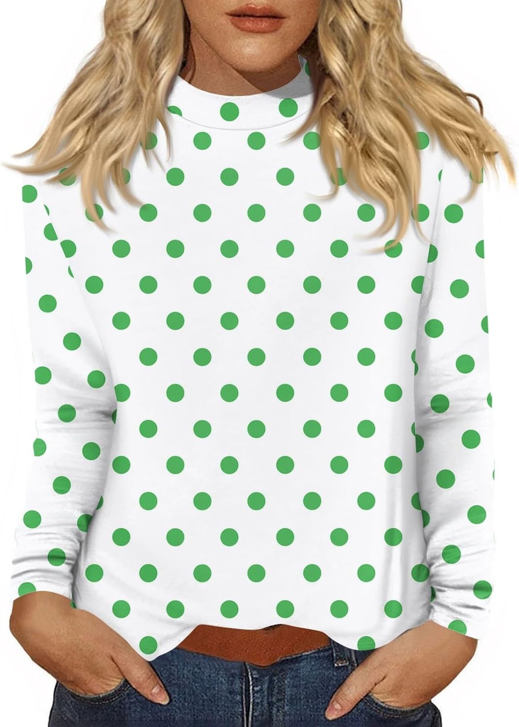 Women's Long Sleeve T-Shirts, Casual Crew Neck Cute Tunic Tops Polka Dot Print Basic Blouses, S-3XL