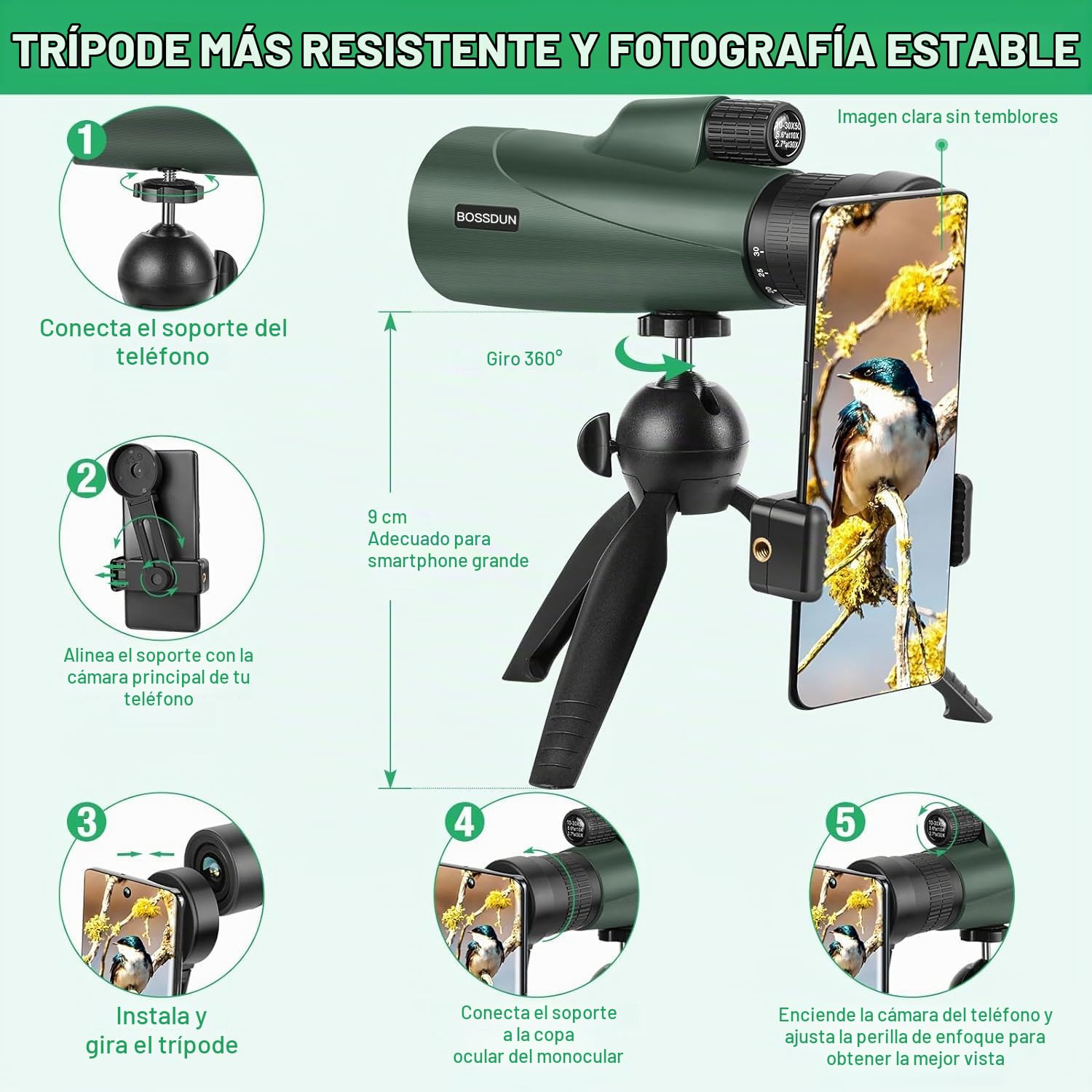 Telescopio Monocular Zoom, Telescopio Monocular de Alta Potencia para Smartphone con Trípode, Monocular HD para Adultos (Green)