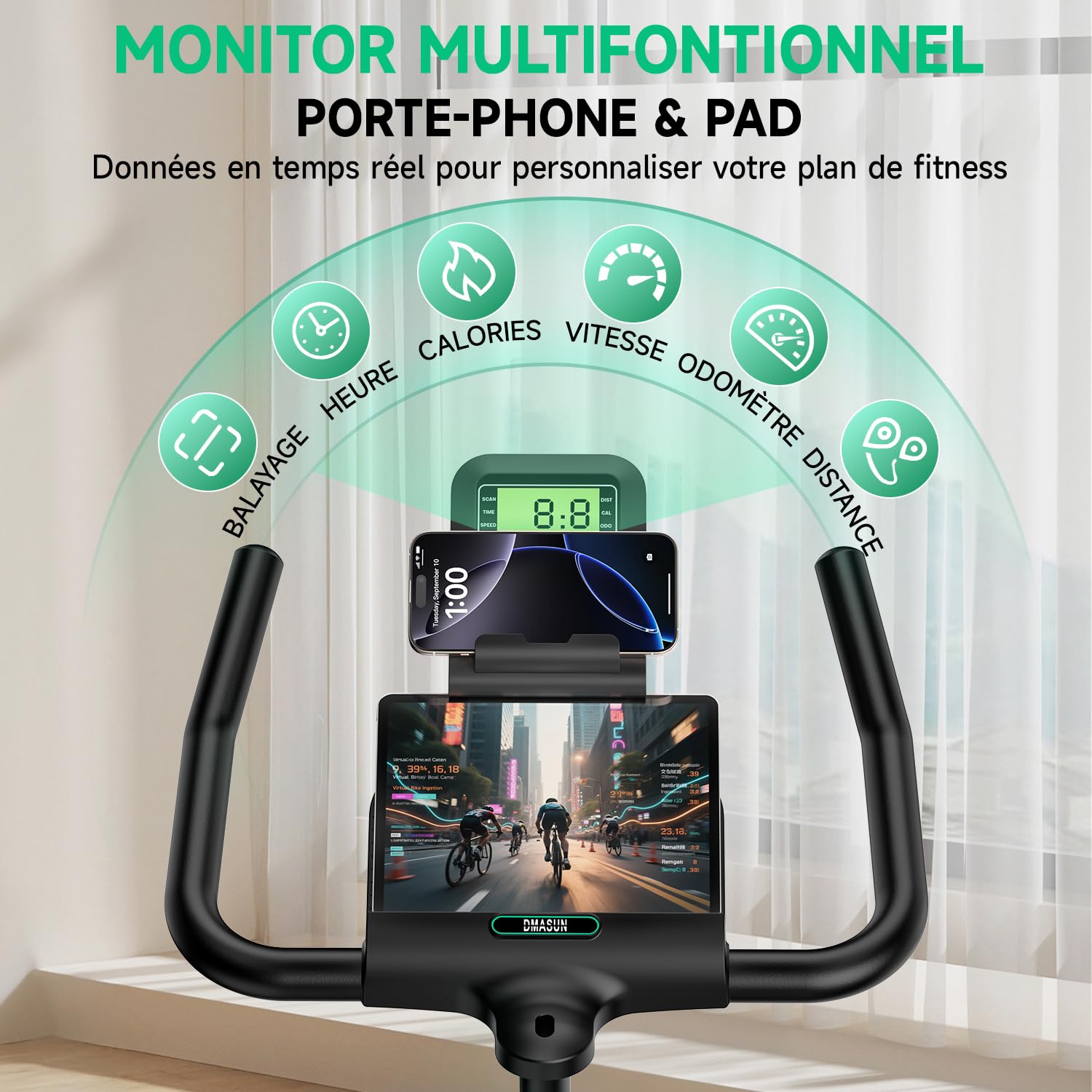 DMASUN Velo d appartement, Vélo d'appartement Silencieux, 0-100% Résistance Réglable, Vélo d'intérieur pour Entraînement Cardio avec Écran LCD, Support pour Tablette, Siège Confortable, Capacité 160kg