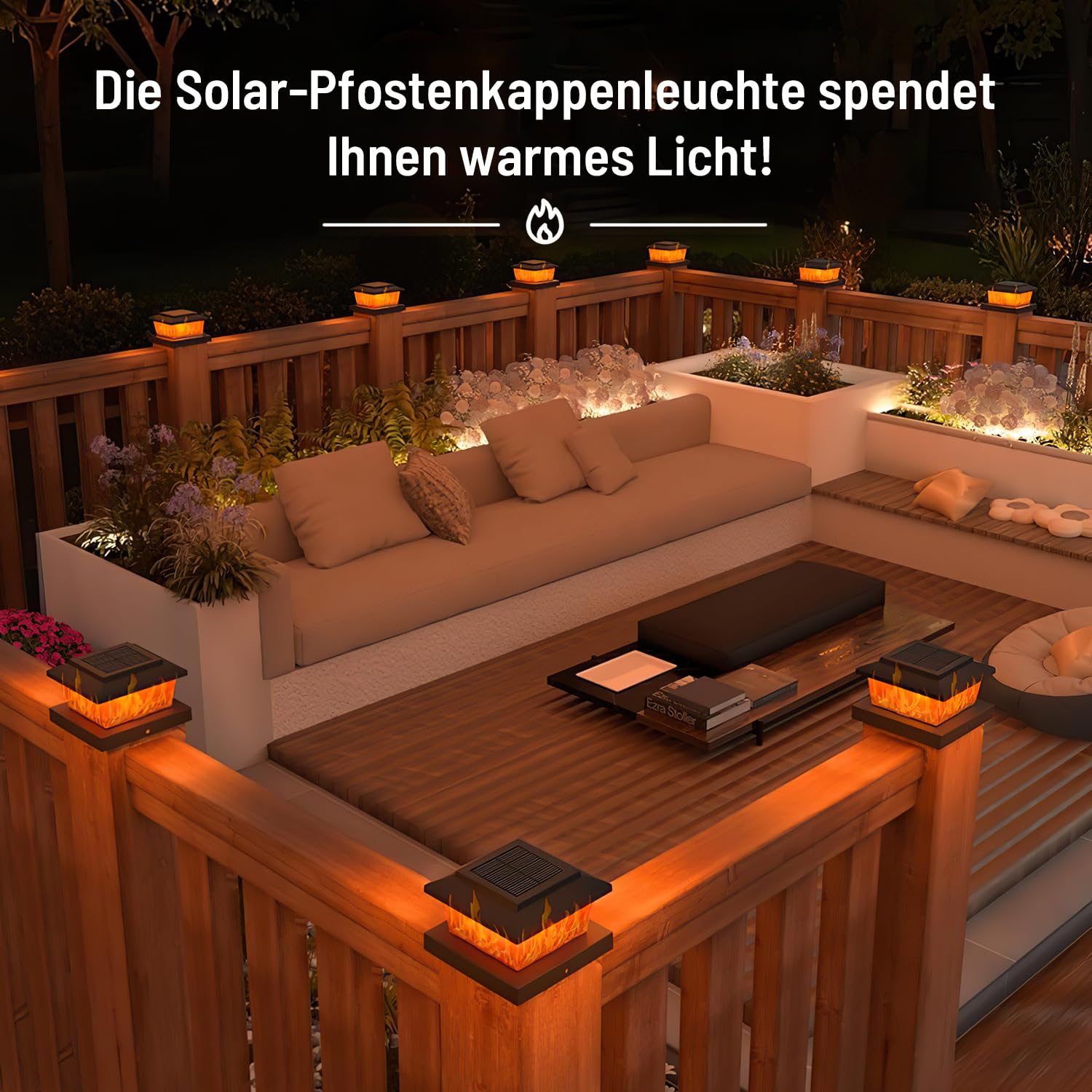 Gresonic Solar Pfostenkappe 10x10 Flackernde Flamme Warmweiß IP65 Wasserdicht 8 Stück
