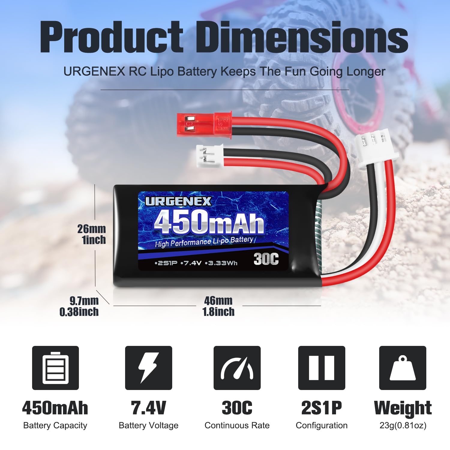 URGENEX 7.4V Lipo 2S 30C 450mAh Rechargeable Lipo with JST & PH2.0 Plug SCX24 with 1to2 USB Charger Fit for Most 1/10, 1/16, 1/18, 1/24 Scale RC Car Truck and RC Drone Airplane