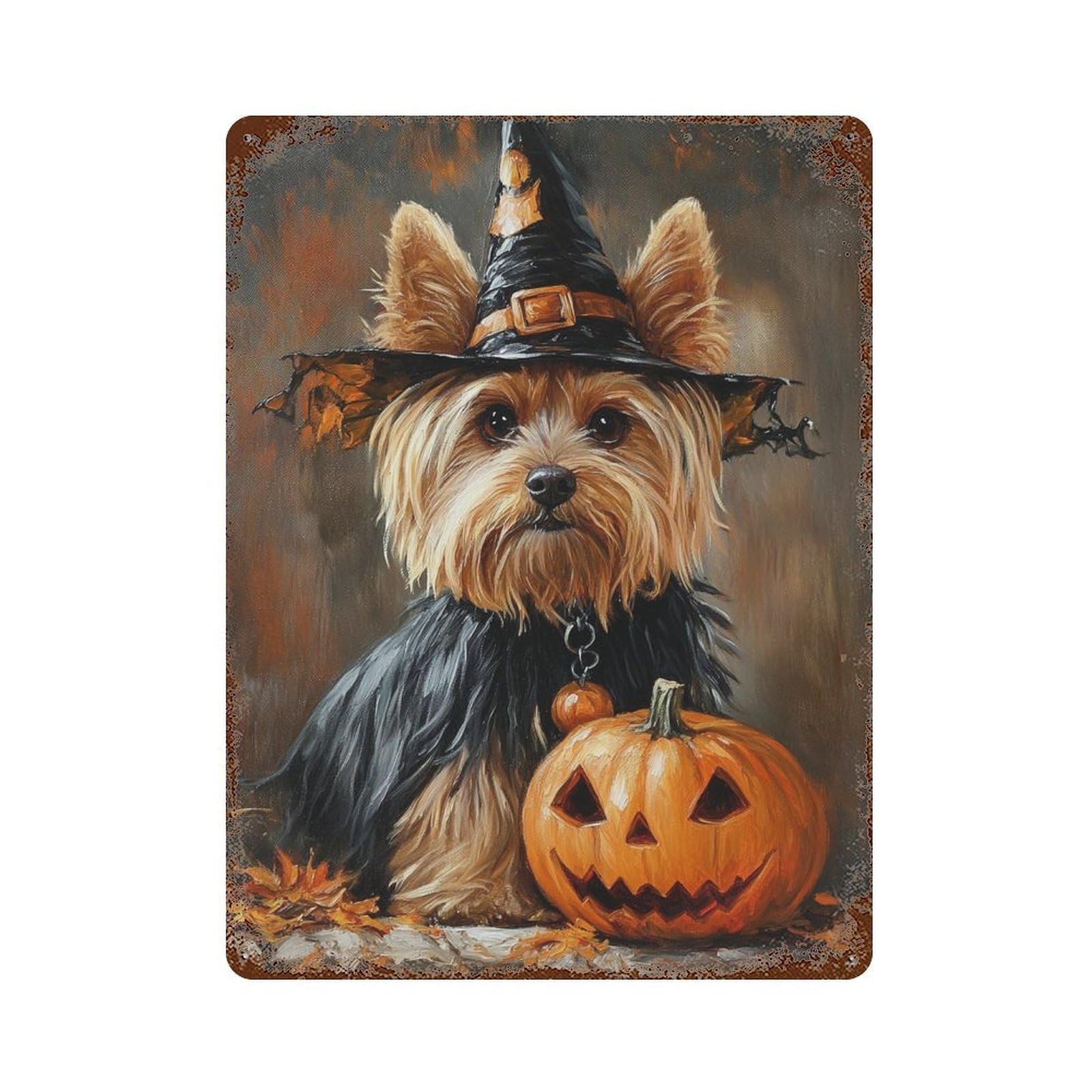 Garage Style Halloween Witch Dog Art Print-7 Aged Metal Wall Plaque 15.7"x11.8", Novelty Wall Decor for Bar And Workshop