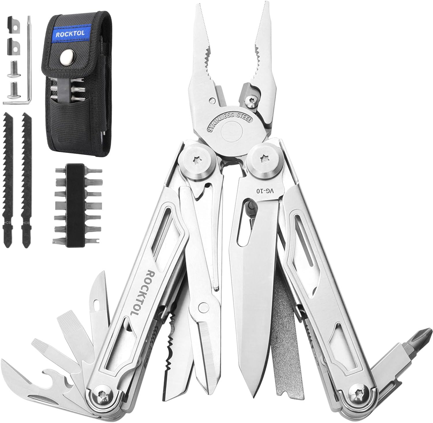 Multitool, 29-in-1 Multitool Pliers with Replaceable Wire Cutters and Saw, Heavy-duty Stainless Steel Multi-tool Set and Nylon Sheath for Camping Survival multi tool for Man