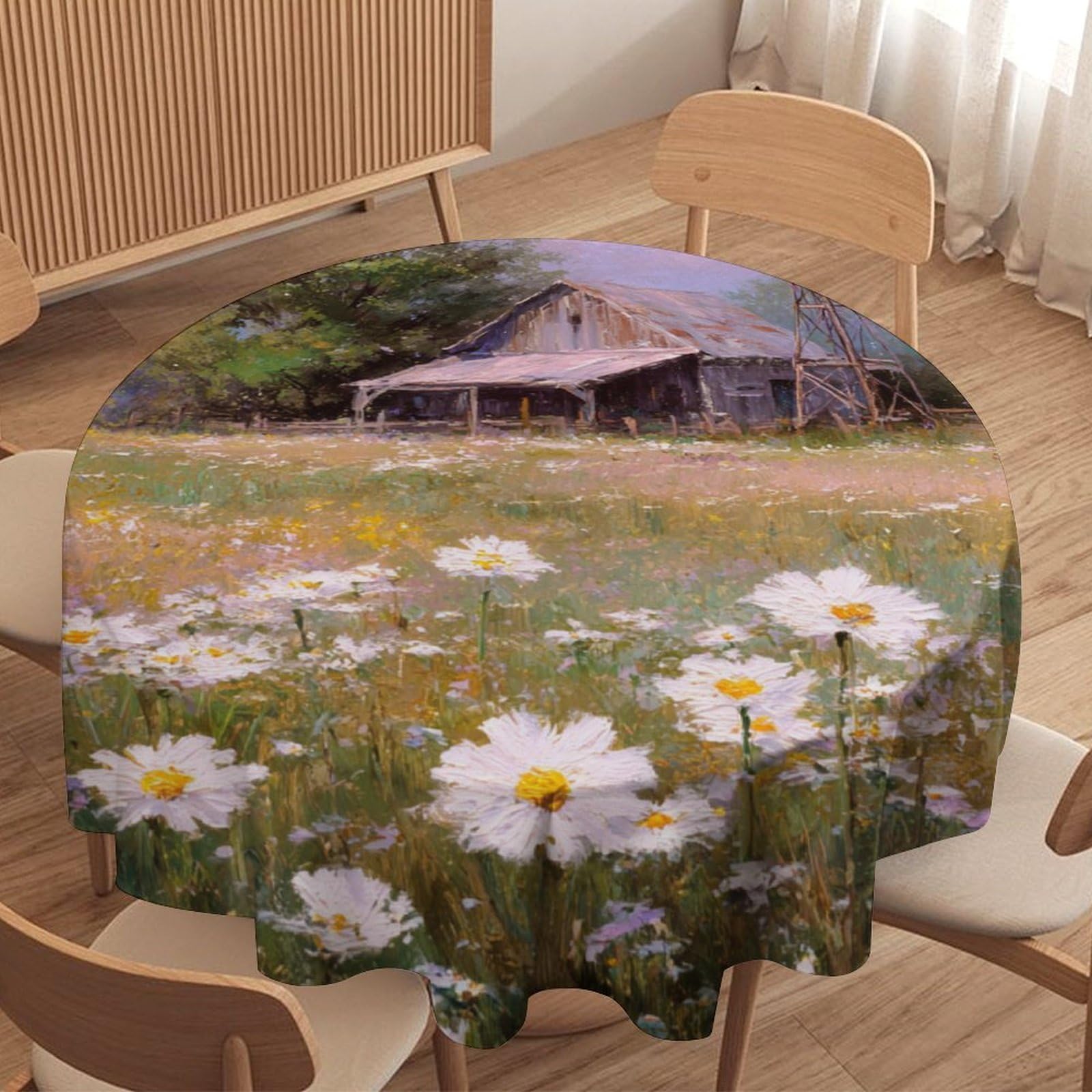 LUYYSKY Retro Beautiful Spring Log Cabin Waterproof Round Tablecloth Classic Western Windmill Daisies Floral Pattern Washable Table Cover for Kitchen-127 Wx127 L cm