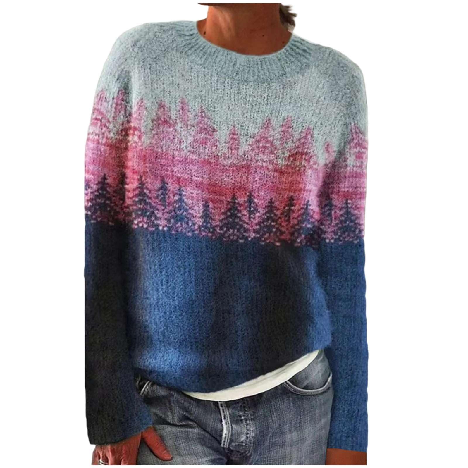 Womens Lightweight Vintage Sweater Knitted Fair Isle Crewneck Tops Long Sleeve Casual Fall Winter Oversized Pullover
