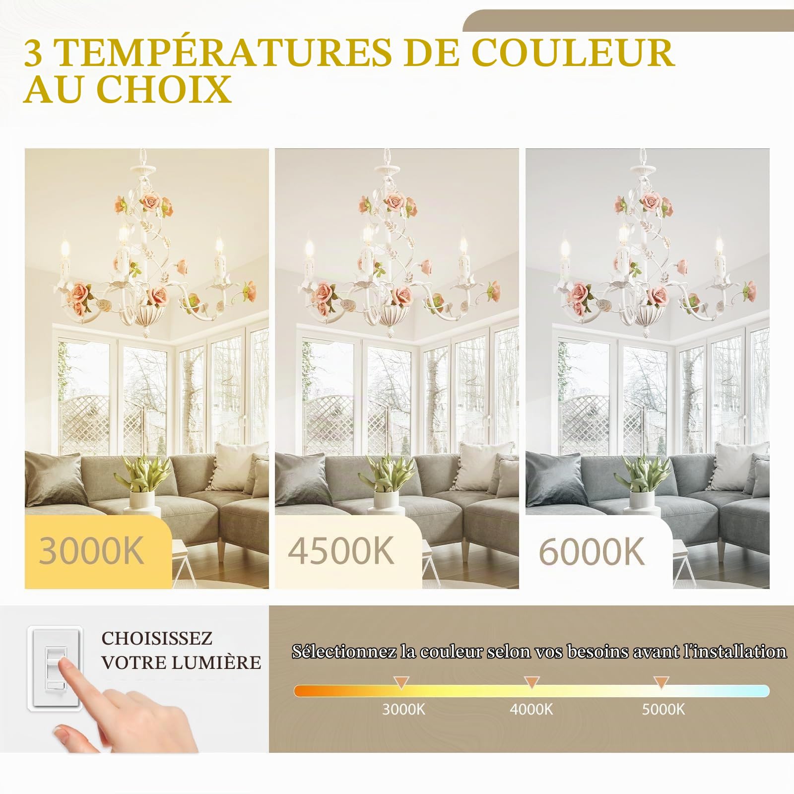 Lustre Blanc Vintage,Lustre Salon En MéTal Avec Rose En CéRamique Fleurs,Suspension Luminaire à Bougies E14 FrançAise Pour Chambre Salon Salle à Manger Cuisine,3 LumièRes
