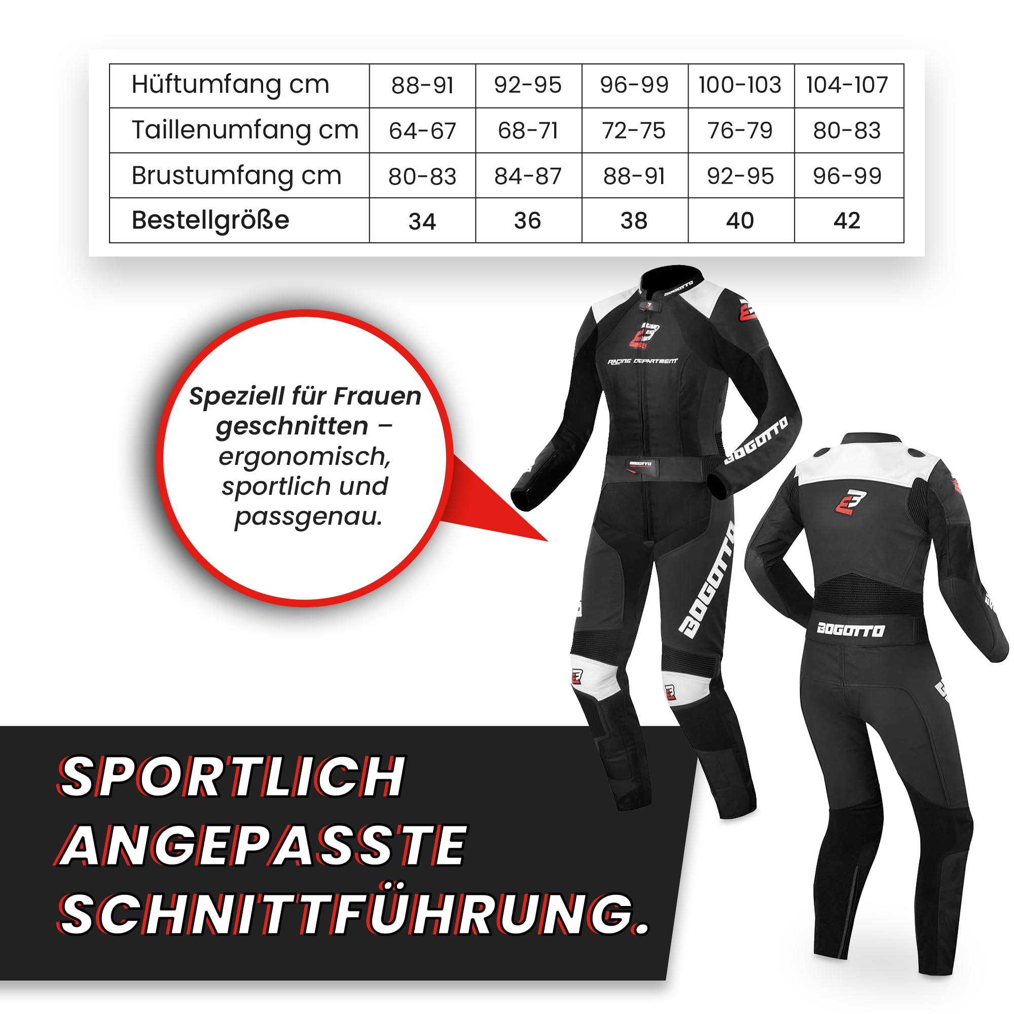 Bogotto Losail 2-Teiler Damen Motorrad Lederkombi, schwarz, 36