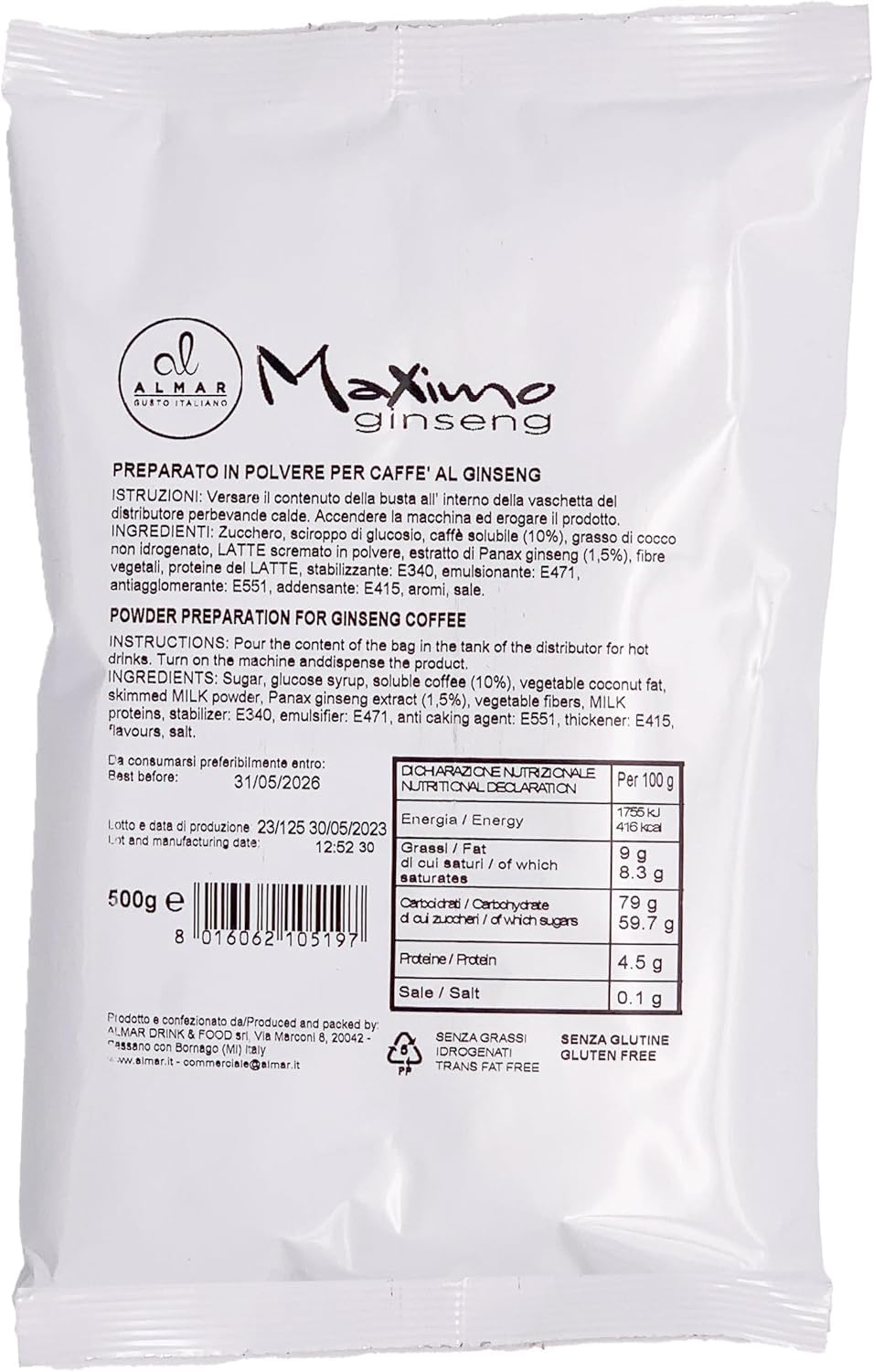 Almar Caffè Ginseng Solubile in Polvere, Gusto INTENSO Senza Glutine, Polvere Ginseng con Caramello, Prodotto Solubile da Bar o Casa, 100% Made in Italy, Busta 500 grammi, Gusto: INTENSO