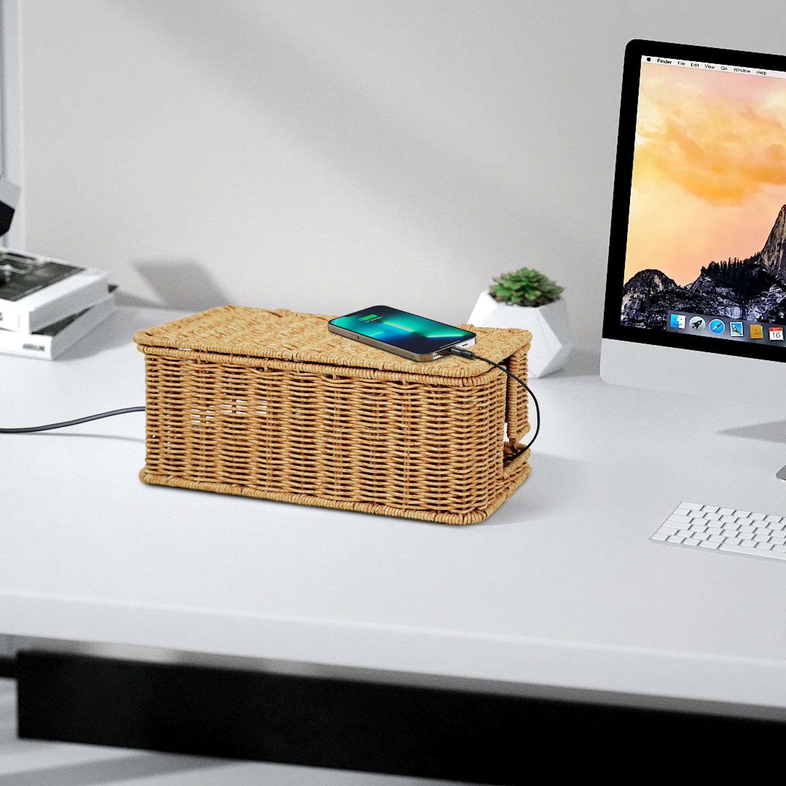 Aazon.co: Cantalop Handade Cable Anageent Box, Durable Rattan Cable Organizer, 2 Open Slots - View #13
