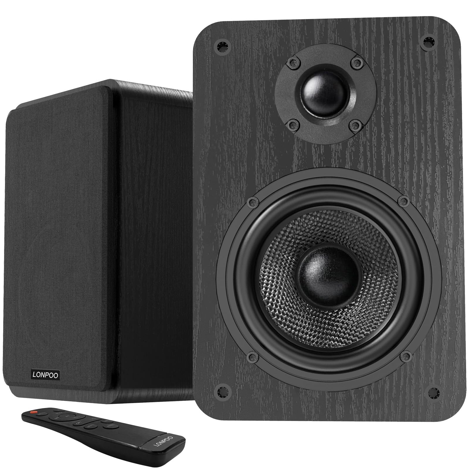 LONPOO Activo Altavoz de estantería con alimentación, con woofer de 4'' y Tweeter de cúpula de Seda de 1'', 60W RMS con conexión óptica, RCA, Bluetooth 5.3, AUX-IN y Mando a Distancia