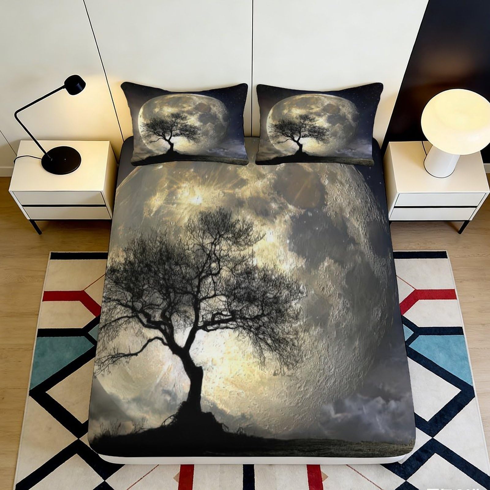 3D Printed Moonlight Tree Fitted Sheet Microfiber Soft Breathable Night Sky Bed Cover for Bedroom Dormitory Guest Room Mattress Protection 160x200x25cm
