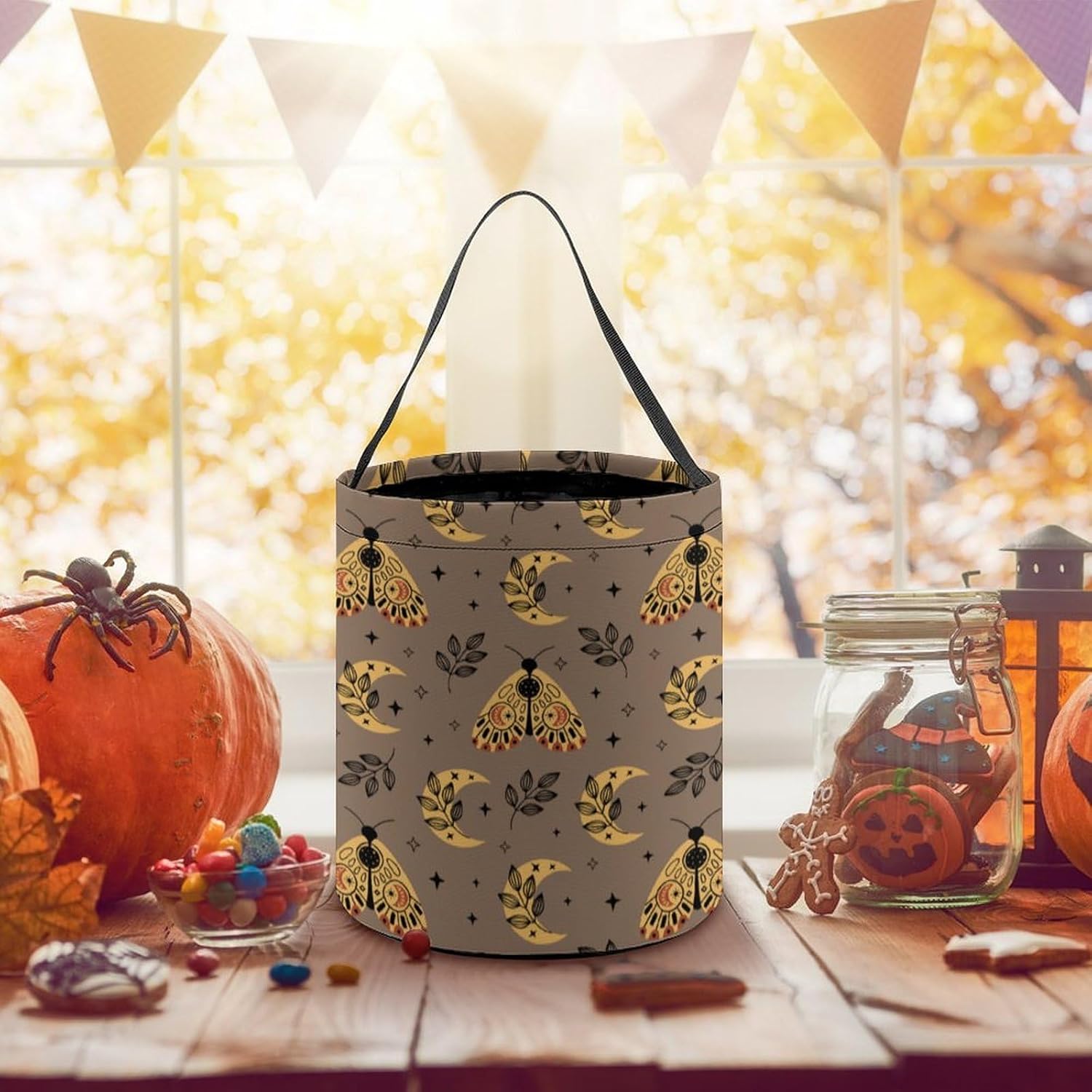 Bohemian Moth And Moon Halloween Treat Bag Reusable Candy Basket Tote Goody Bags Gift Party