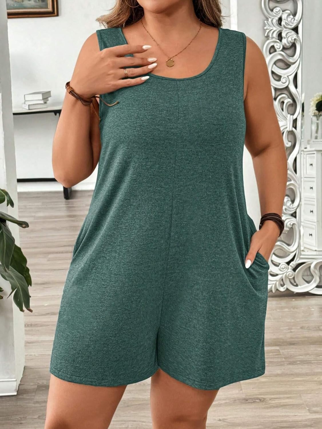 Rompers for Women Summer 2026 Plus Size Crew Neck Sleeveless Pocket Romper, Casual