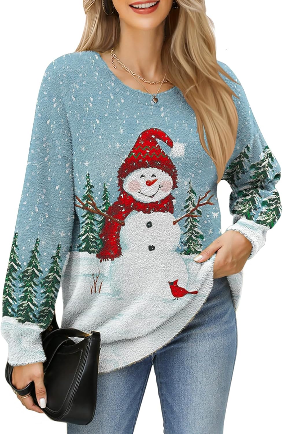 Womens Oversized Sweater Trendy Cute Warm Cozy Soft Fuzzy Long Crewneck Knit Pullover Tunic Sweaters Snowman S