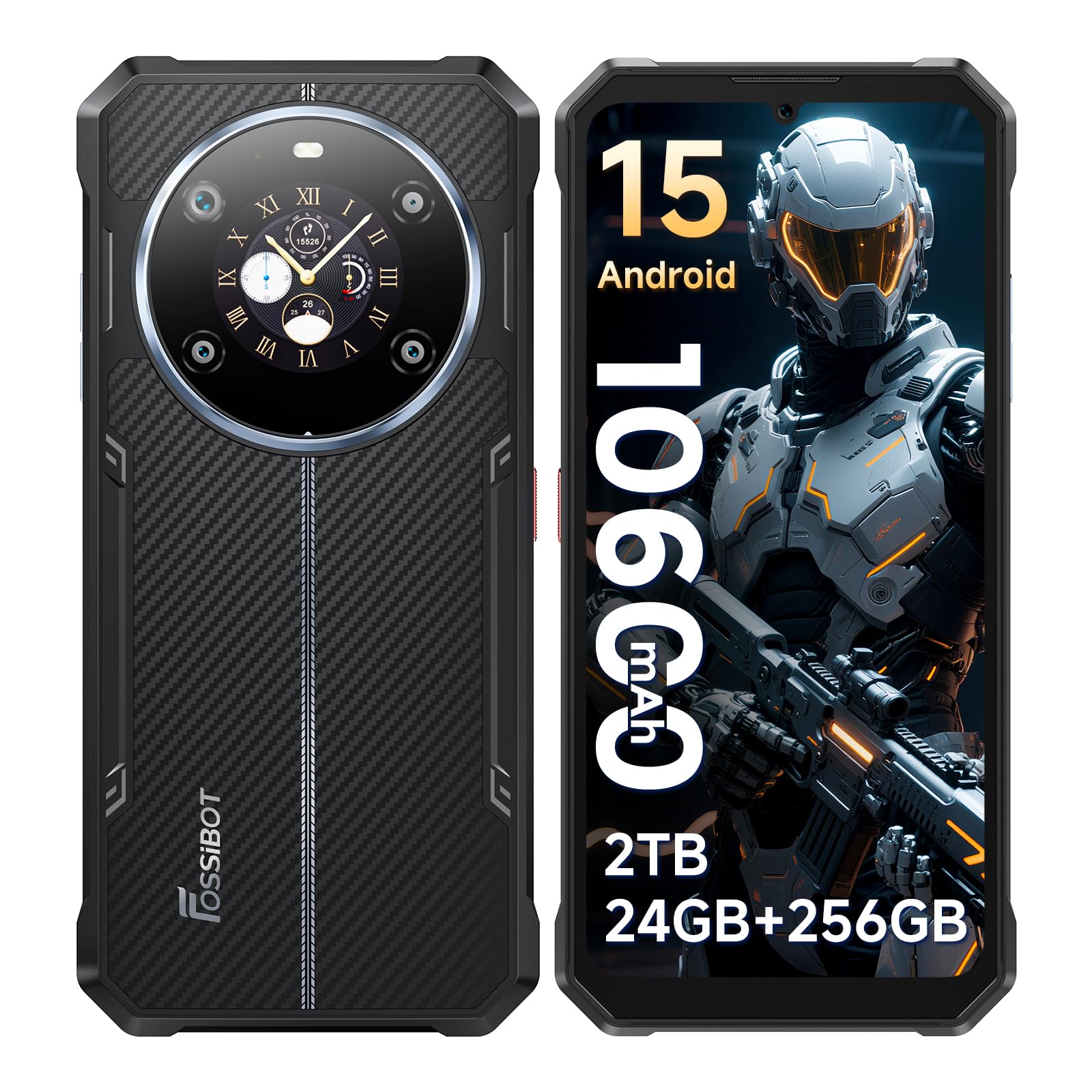 FOSSIBOTF109S Rugged Smartphone Unlocked, 24GB+256GB/2TB Android 15 Rugged Phone, 10600mAh Battery, Dual Display 6.745'' HD+1.32'' Cellphone,50MP+16MP+5MP Camera,Dual SIM 4G Phone,IP68 / IP69K, NFC