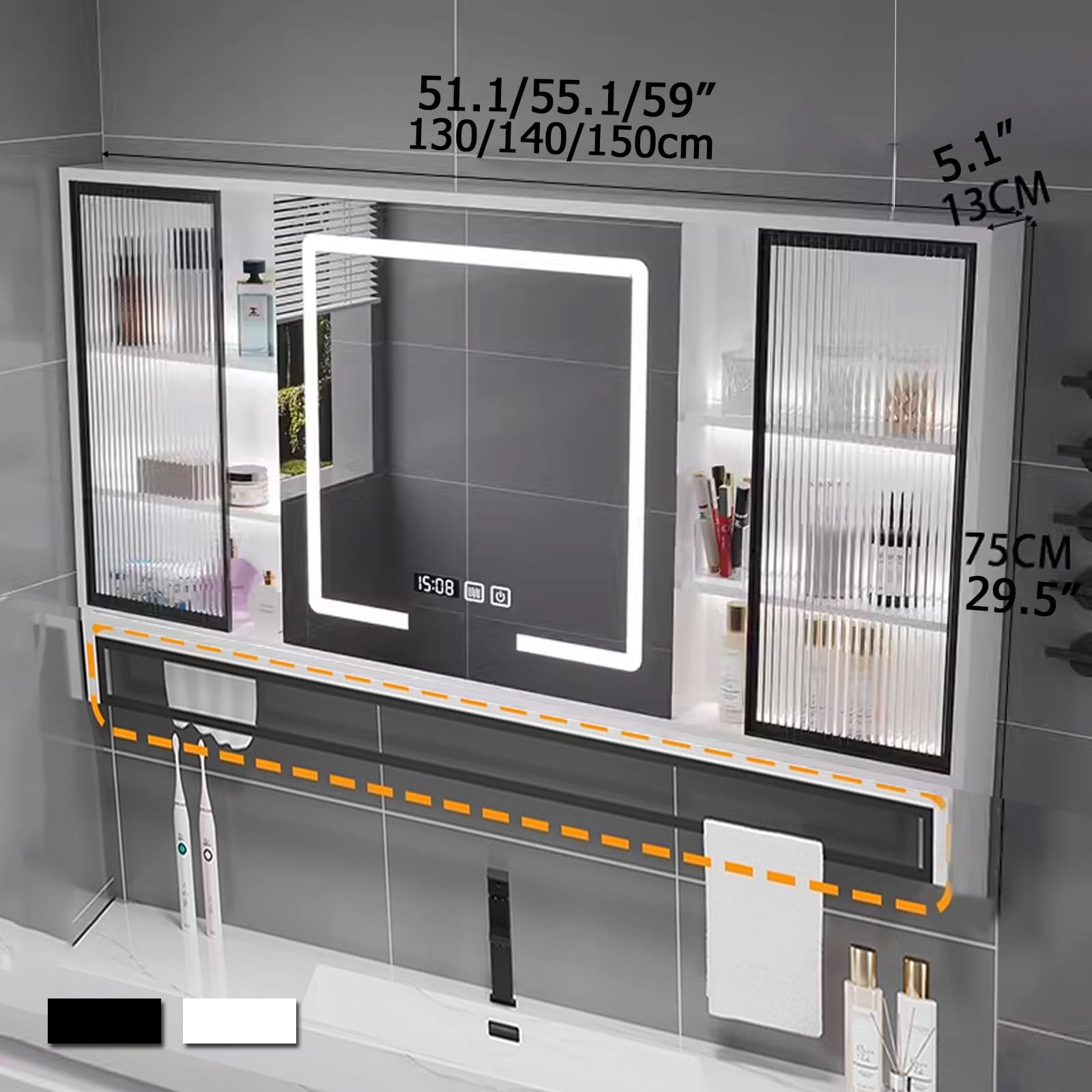 Moderno armario con espejo de baño LED con iluminación montado en la pared, espejo de baño blanco con soporte para toallas, 51 x 29.5 pulgadas, diseño elegante para baños elegantes