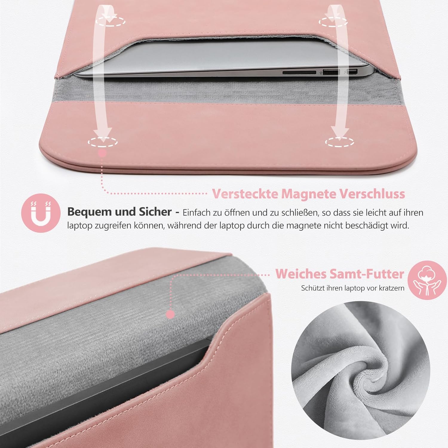 HYZUO 15-16 Inch Laptop Sleeve for MacBook Pro 16 M4/M3/M2/M1 A3403 A3186 A2991 A2780 2026-2019, MacBook Pro 15 2015-2012 A1398, XPS 15, Faux Suede Leather Case with Accessory Bag, Pink - Image 4