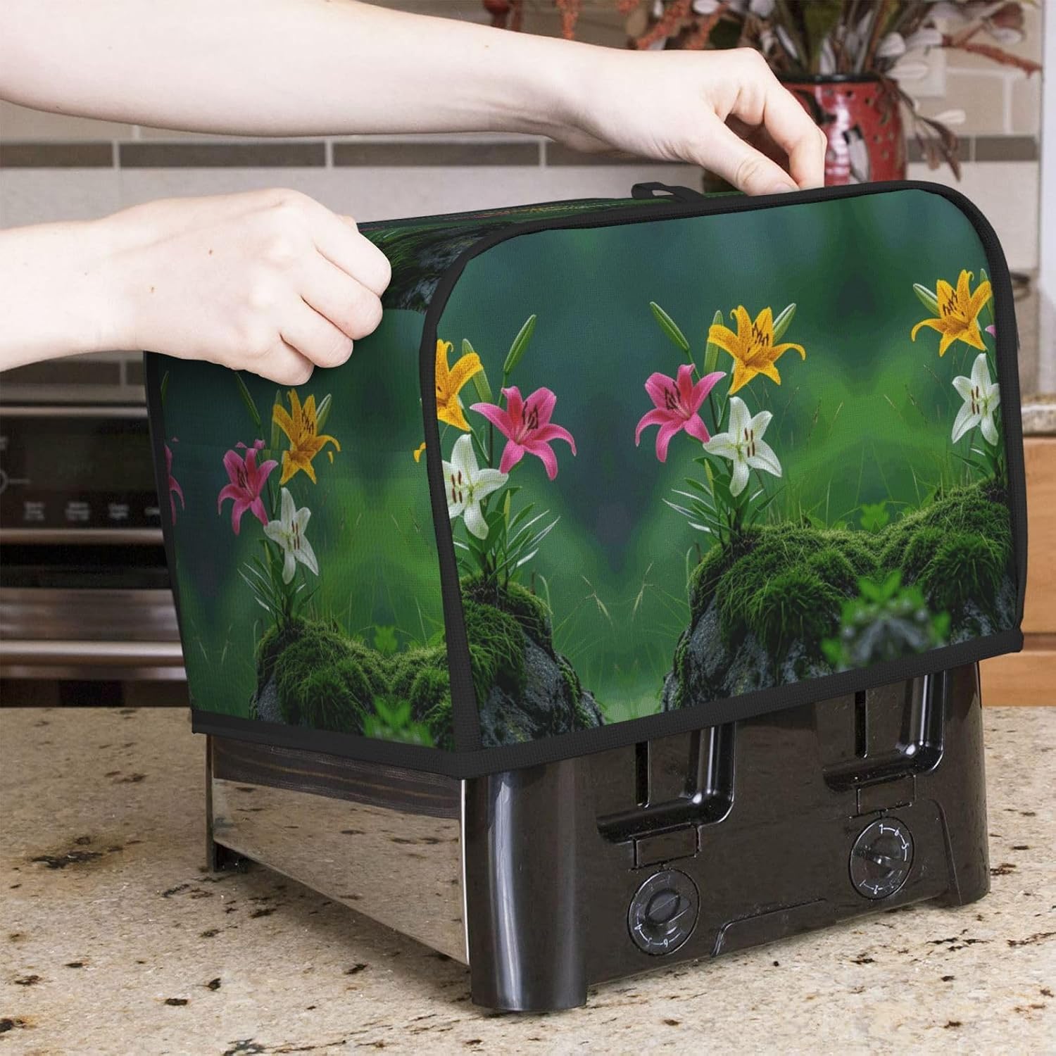 lily Toaster Cover 2 Slice, Waterproof Bread Machine Covers with Pockets Universal Size Kitchen Small Appliance Cover with Handle, Dust and Fingerprint Protection