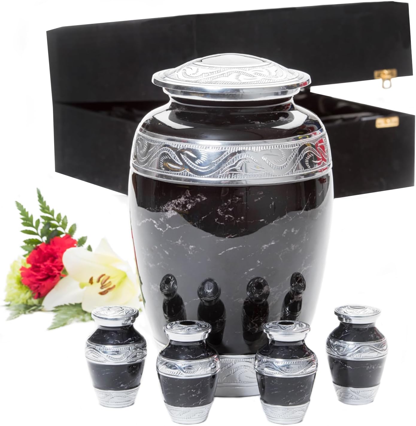 Black Marble Finish Companion Cremation Urn Set for Human Ashes – 5-Piece Memorial Set with Large Adult Urn & 4 Keepsake Urns – Recycled Aluminum with Velvet Presentation Case