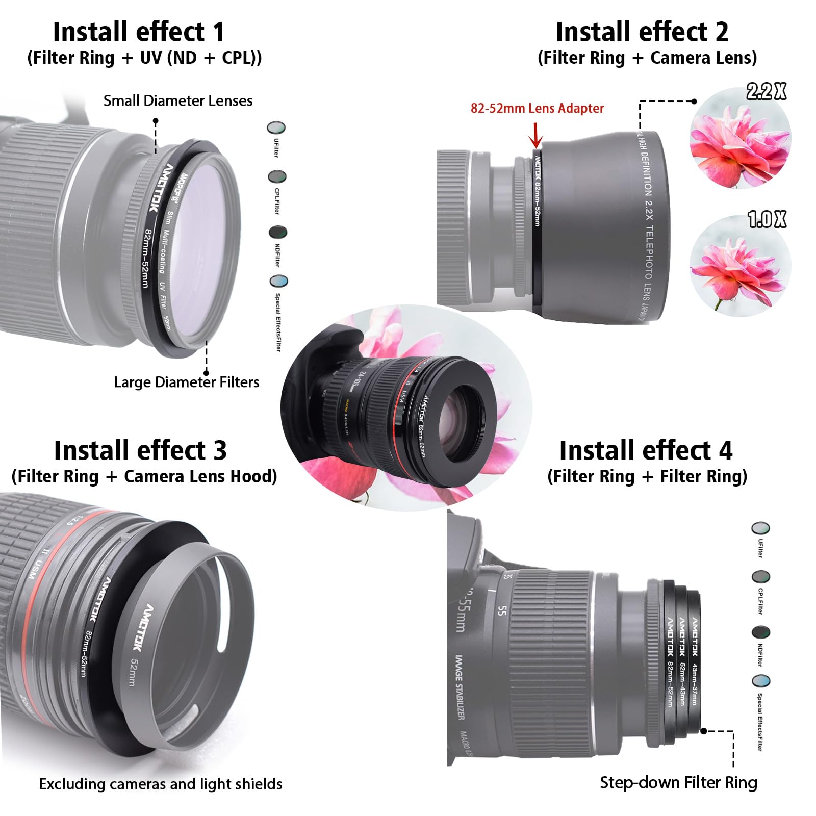 Amazon | 82mmレンズから52mmカメラレンズアダプター、82mmから52mm
