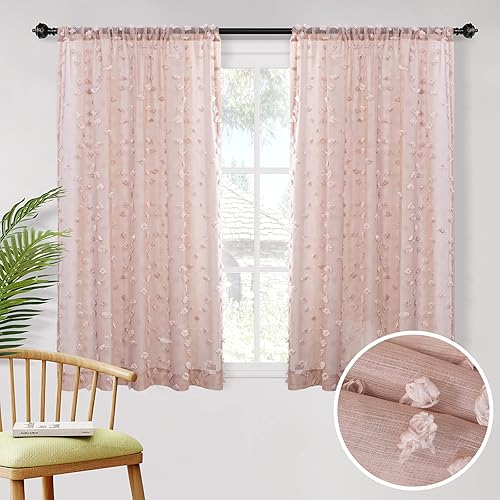 MYSKY HOME Cortinas rosas para dormitorio de niñas, cortinas traslúcidas con pompones para comedor, cortinas largas de 63 pulgadas de largo,