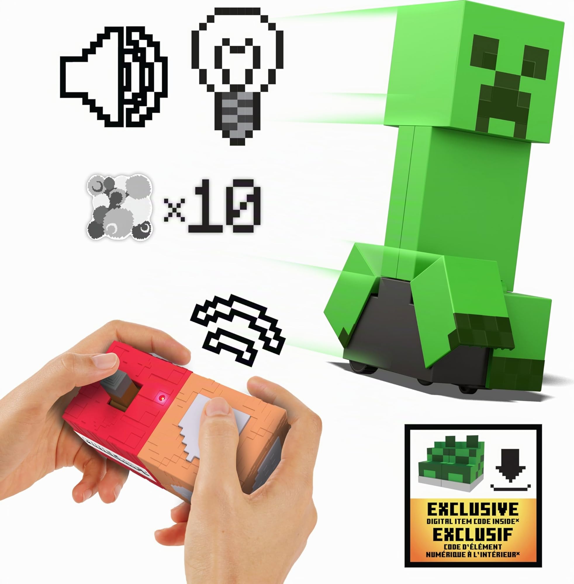 Mattel Minecraft Creeper explosivo, Figura de acción teledirigida con luces y sonidos y 10 piezas de explosión que se lanzan por el aire, juguete regalo para niños y niñas +6 años, HRR48