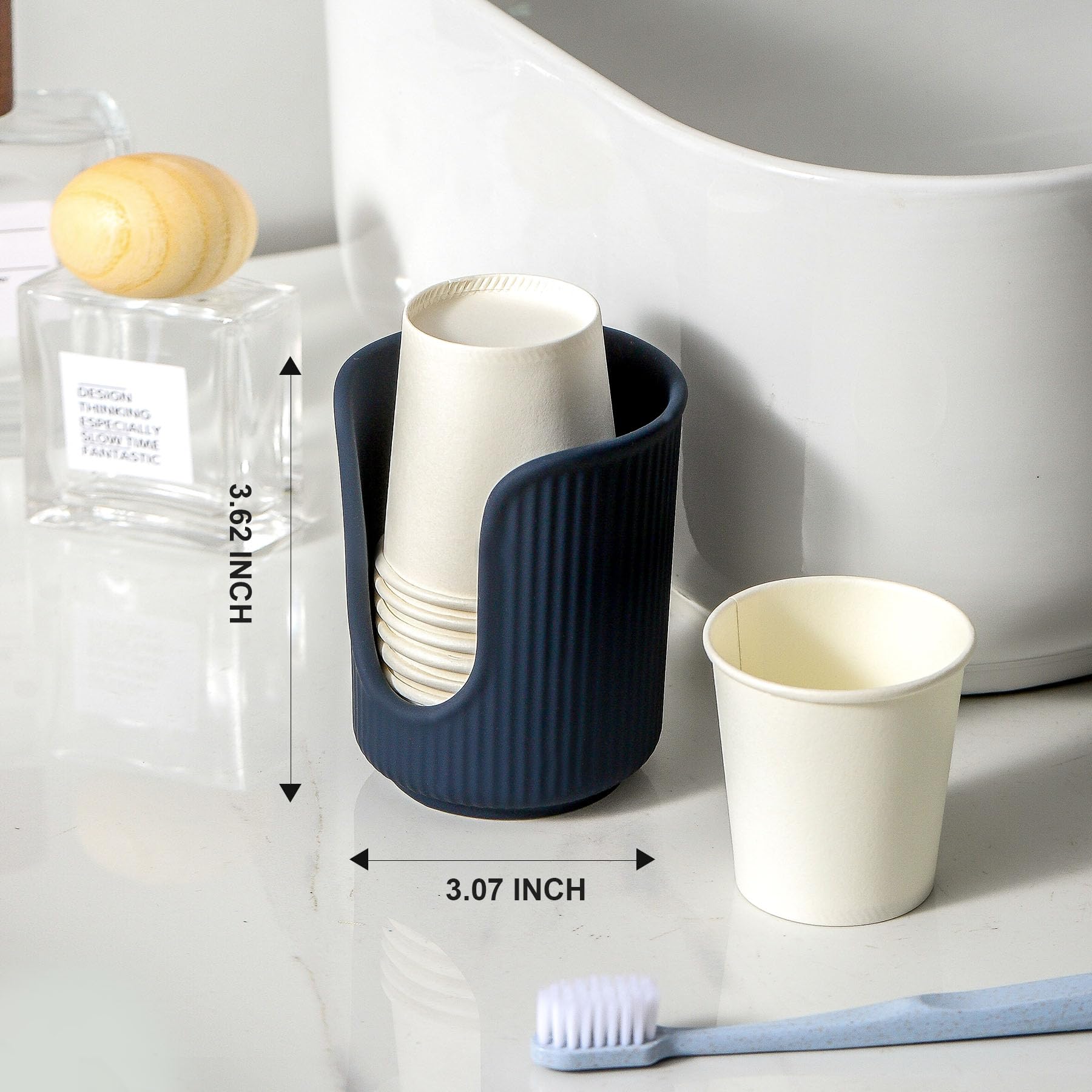 Dobbyby Ceramic Bathroom Cup Dispenser With Stylish Vertical Stripes - Disposable Mouthwash Cup Holder Holds 3-4oz Paper Cups For Rinsing Cups On Bathroom Vanity Countertops (2 Pack, Black