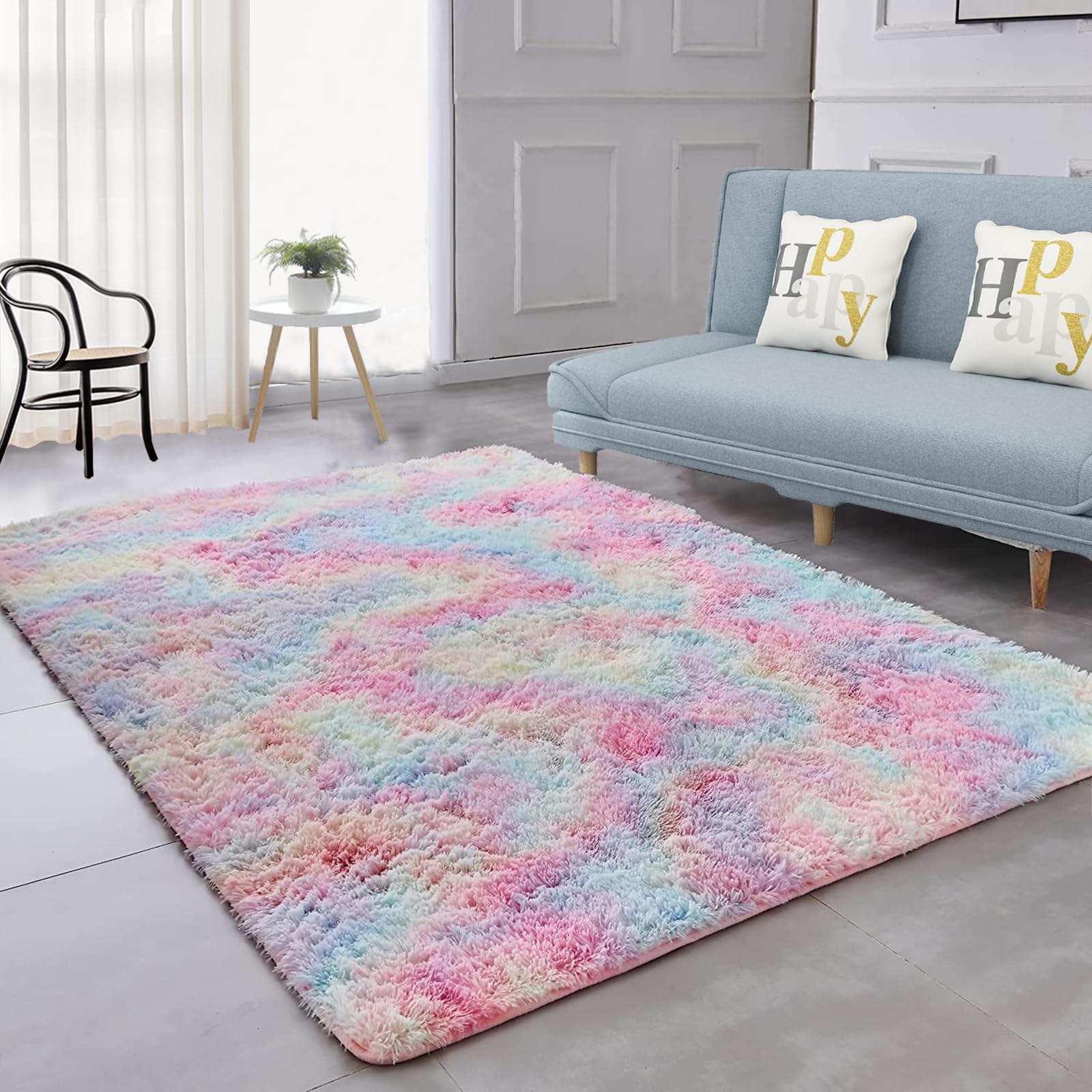 Moderno Tappeto Salotto Shaggy Morbido Fluffy Peloso finta pelliccia Carpet Non Perde Peli scendiletto Antiscivolo Fondo Tappeti Lavabile In Lavatrice Cameretta Camera Bambini (Arcobaleno, 60 * 120cm)