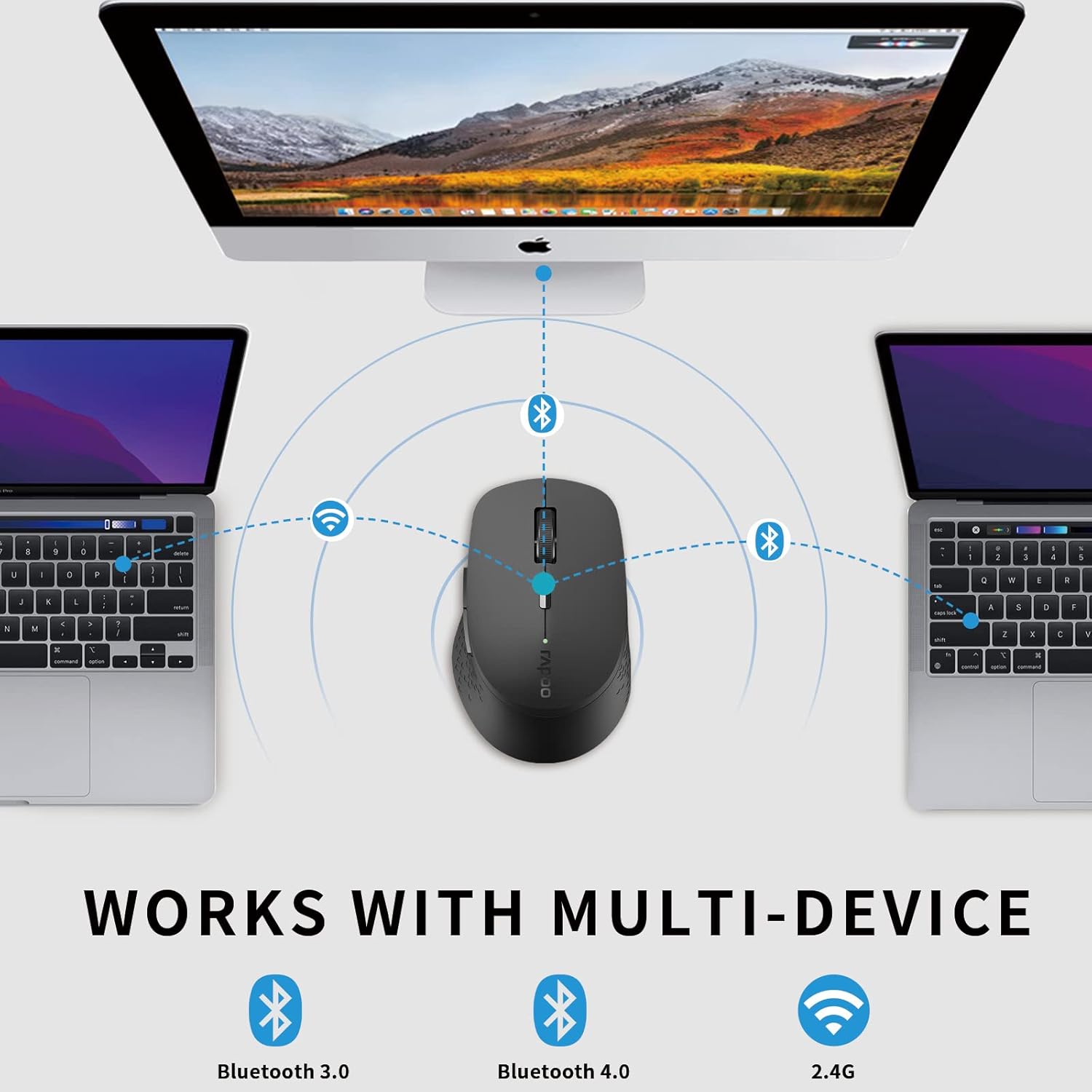 Rapoo multi-device mouse connecting to two laptops and a desktop via Bluetooth and 2.4G