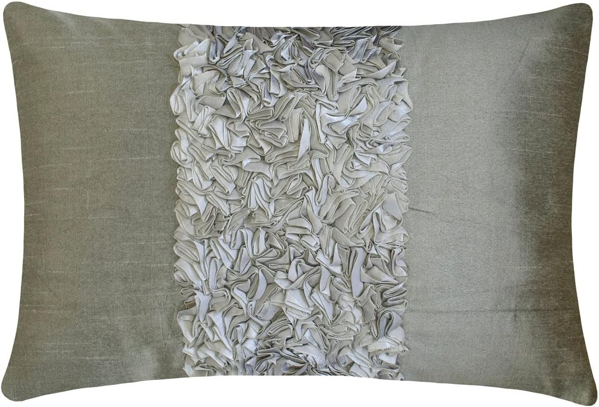The HomeCentric Silver Lumbar Pillow Cover, Textured Ribbon Lumbar Pillow Cover, 12x16 inch (30x40 cm) Lumbar Pillow Cover, Rectangle Silk Lumbar Pillow Cover, Modern - Vintage Silver Love