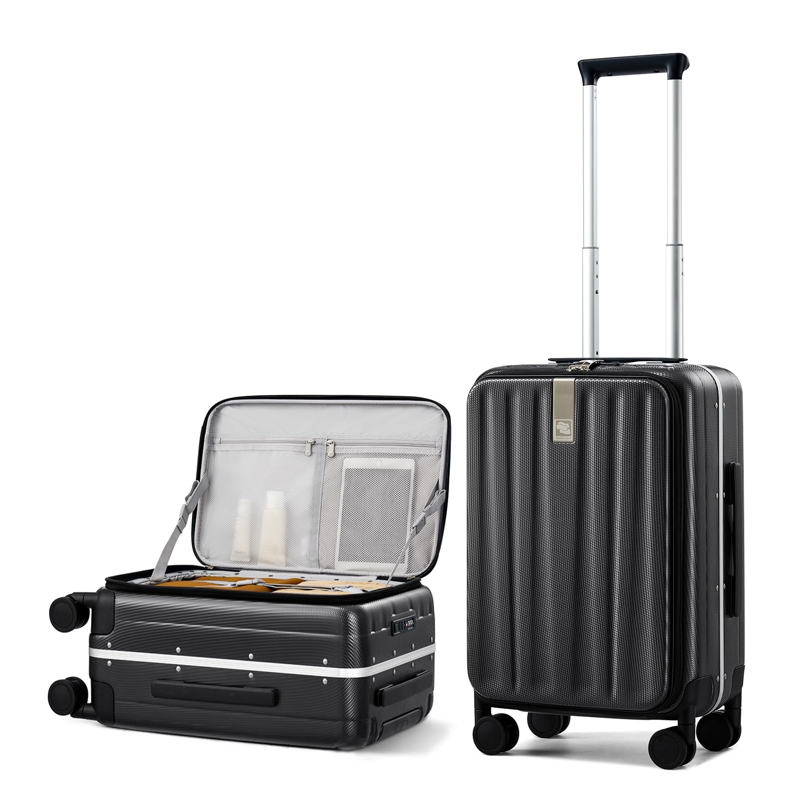Hanke 20 Inch Carry-On Luggage PC Hard Shell Suitcases for Travel Front Opening Aluminum Frame Travel Luggage Rolling Suitcase with Wheels for Women Man Gifts.(Jet Black)