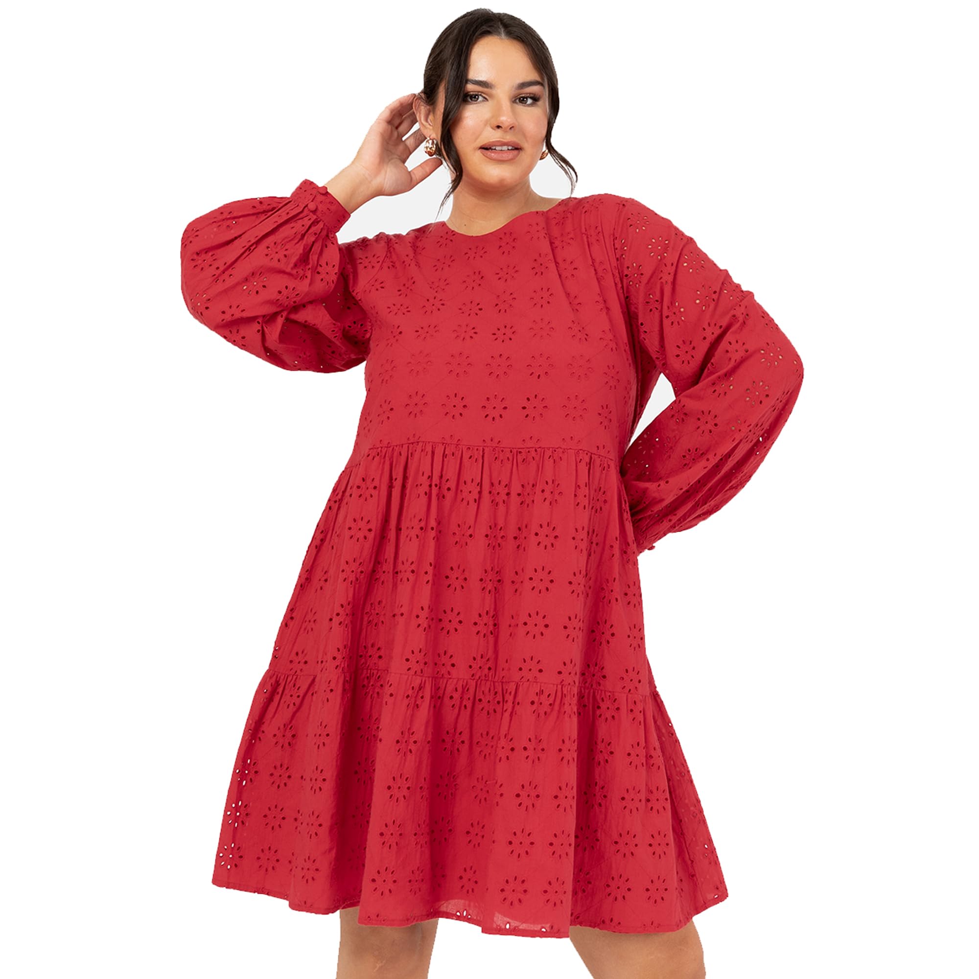 Lovedrobe Women's Smock Dress Knee-Length Round Neck Long Puff Sleeve Broderie Anglaise Smock Shift Cotton Casual Red 44, red, 18