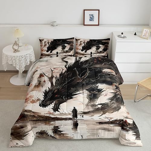 Feelyou Dragon Comforter Set Queen Size Japanese Style Comforter for Boys Girls 