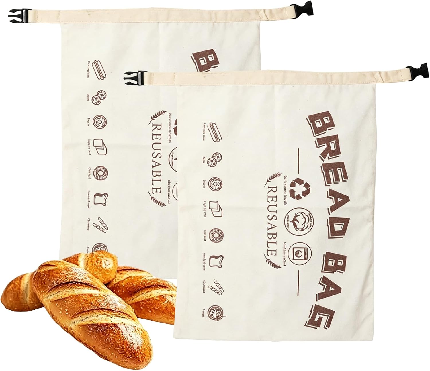 Eazywell Beeswax Bread Bags, Bread Bags for Sourdough, 2 Pack Reusable XL cotton Bags, Natural Beeswax Lining with Locking Closure, Keep Homemade Bread Fresh, Freezer Safe (White(2pack))