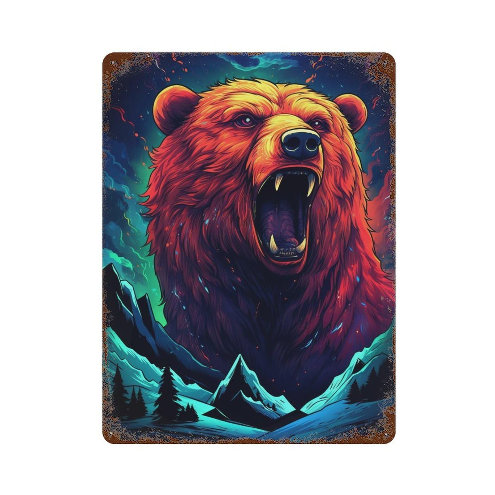 Decorative Tin Sign with Roaring Wild Bear Illustration Design 15.7"x11.8", for Basement, Hobby Room And Garage Decor, Rustic Home Decor
