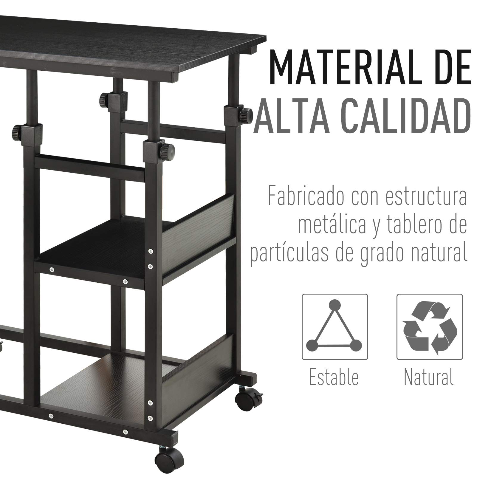 HOMCOM Mesa Auxiliar con Ruedas para Sofá en Forma de C 80x40 cm Negro | Mesa para Sofá, Altura Ajustable 3 Niveles de 72-82 cm, Marco de Metal, para Salón Cocina