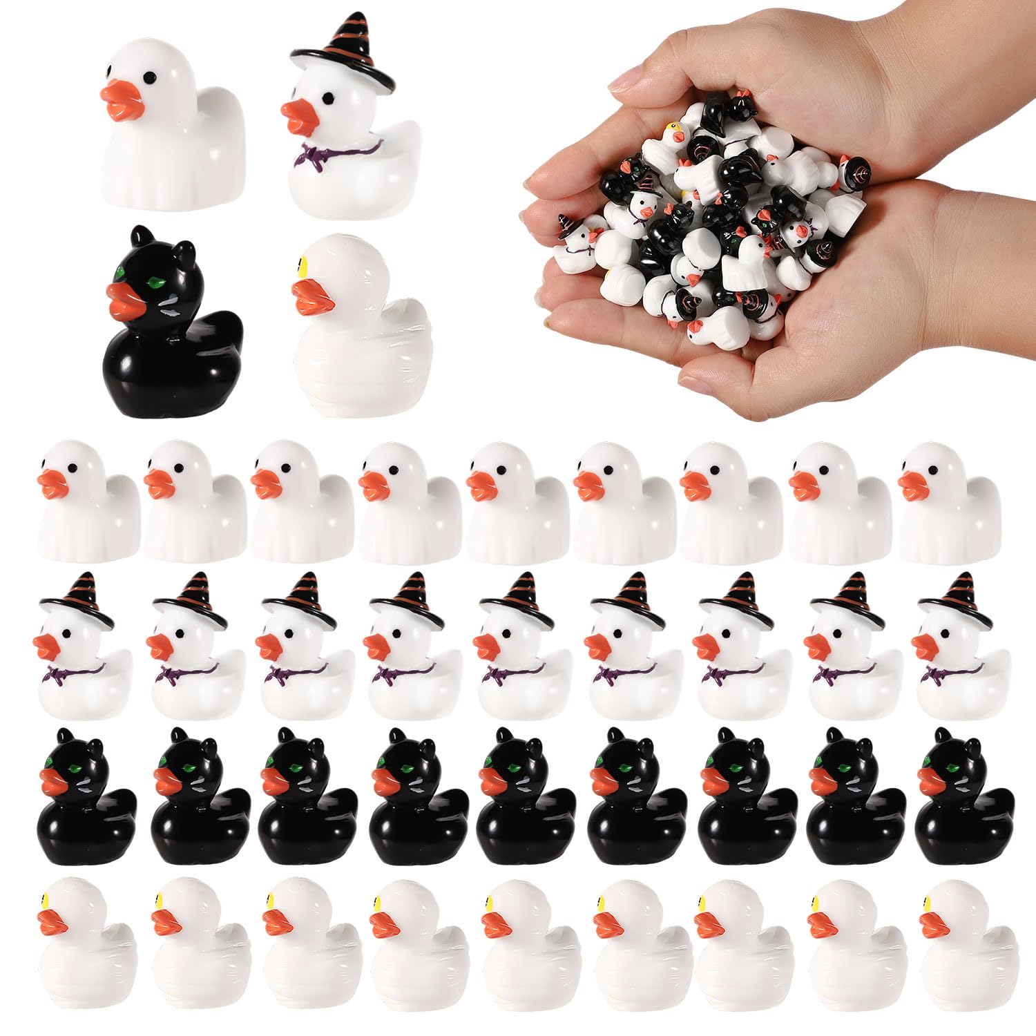 80pcs Mini Resin Ducks, 4 Styles Halloween Tiny Ducks Novelty Miniature Resin Small Ducks Ghost Broom Black Cat for Halloween Party Favors Garden Micro Landscape Dollhouses Crafts Decoration