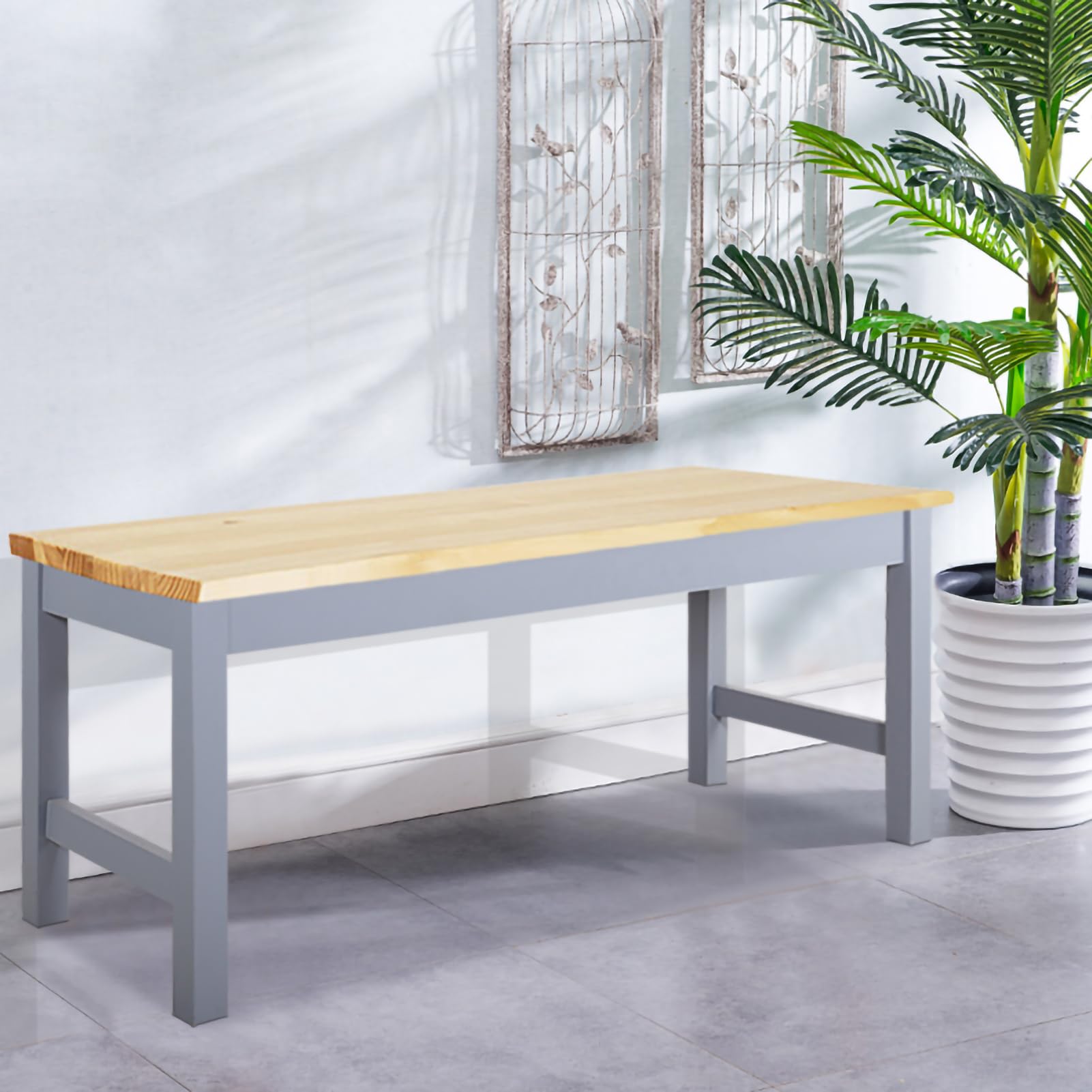 BTGGG Wooden Dining Bench Indoor Kitchen Corner Bench Seat 2 People Dining Table Benches for Bedroom Living Room Entryway Hallway, Grey — image 1