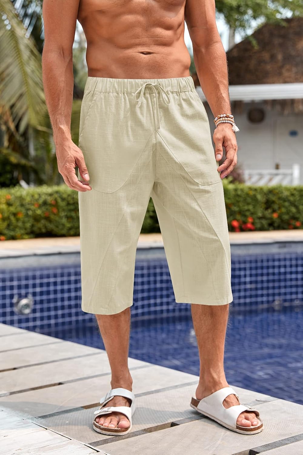 Fommykin Men's Cotton Linen Capri Pants Baggy Harem Drawstring Yoga Beach Pants with Pockets - Image 2