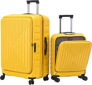 Kaleenie 2 Pieces 20/29 Luggage Sets, 20 Inch Cabin Luggage with Front Pocket & 29 Inch Side Opening Suitcase, Ligthweight ABS+PC Hardshell, TSA Lock with HINOMOTO 360 Wheels, Yellow