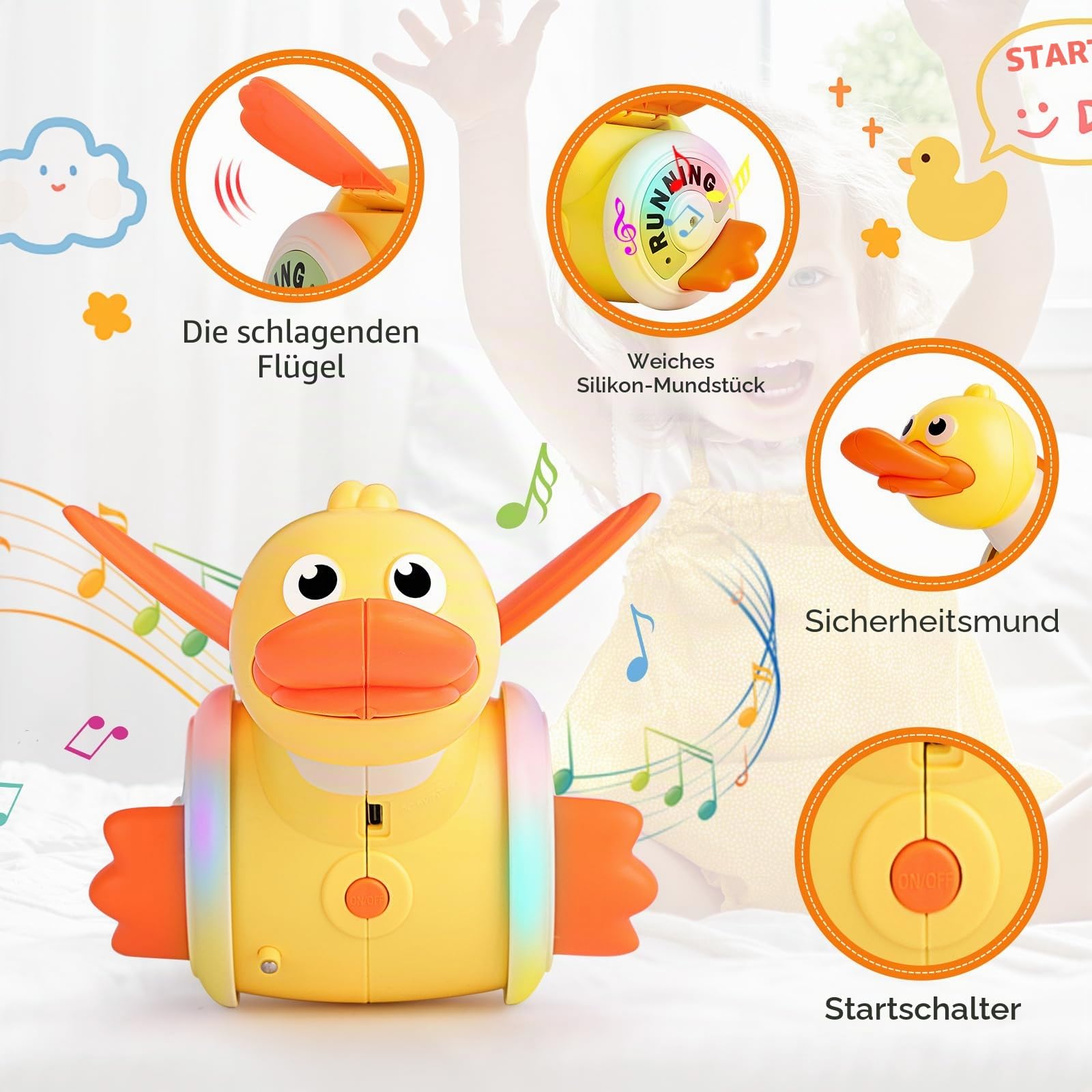 Spielzeug Ente, geeignet für Babys ab 1 Jahr, mit Musiksteuerung, Tanz- und Lichtfunktionen, wiederaufladbar über USB, geeignet für Kinder von 6 Monaten bis 4 Jahren