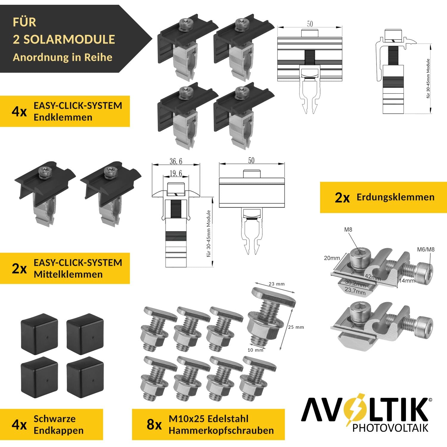 Avoltik Solar Halterung Bitumen-Dach I Set für 2 PV Module 30-45mm I Solarmodul Halterung für Bitumendächer I PV-Modul Halterung inkl Montageset I Solarmodulbefestigungsset I PV-Zubehör