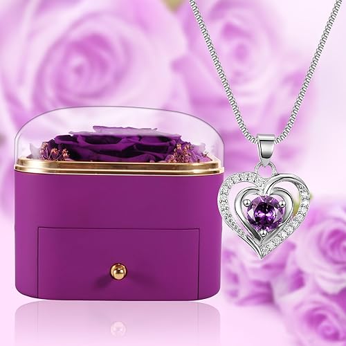 Miniatura 5 de Joyero de regalo de rosas moradas reales preservadas, flor de rosa eterna real con collar para mujeres, día de la madre, día de San Valentín,