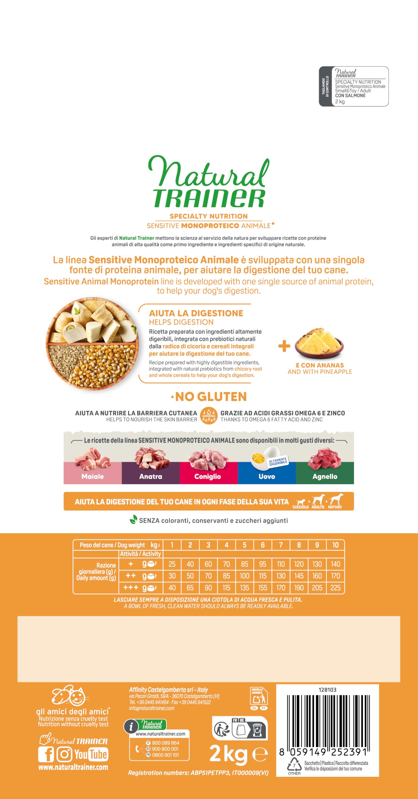 Trainer Sensitive No Gluten Smalltoy Adult Con Salmone E Cereali Integrali, Agnello, 2 kg