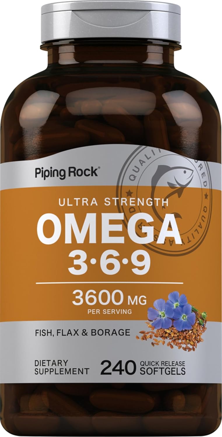 Piping Rock Omega 3 6 9 Supplements for Women and Men | 3600mg | 240 Softgel Capsules | Fish Flax Borage | Ultra Strength | Non-GMO, Gluten Free Piping Rock Omega 3 6 9 Supplements for Women and Men | 3600mg | 240 Softgel Capsules | Fish Flax Borage | Ultra Strength | Non-GMO, Gluten Free