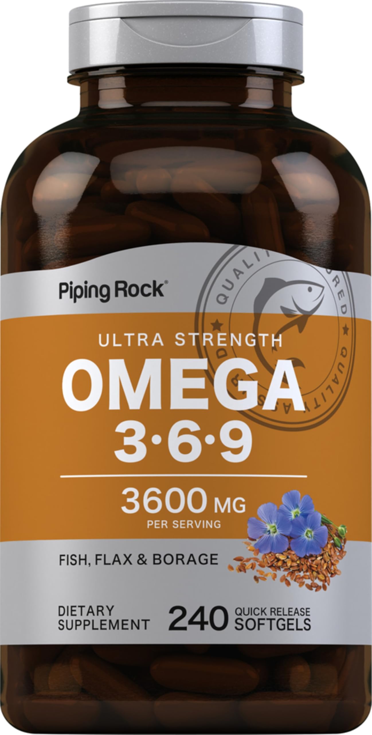 Piping Rock Omega 3 6 9 Supplements for Women and Men | 3600mg | 240 Softgel Capsules | Fish Flax Borage | Ultra Strength | Non-GMO, Gluten Free